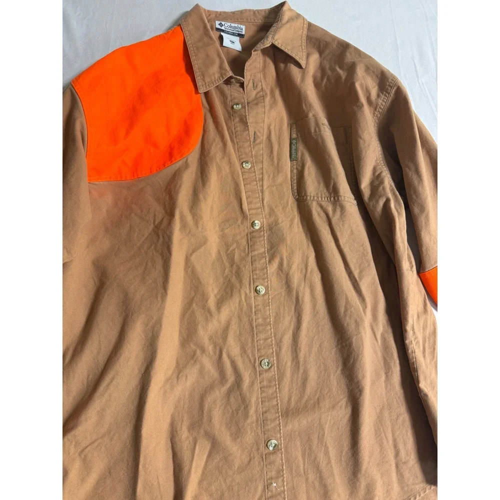Columbia Sportswear Mens XL Shooting Shirt Blaze Orange Hunting Tan Canvas L/S